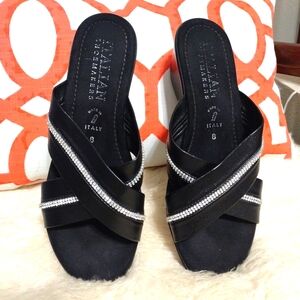 Black Strappy Leather Sandals w/ Rhinestones Wedge Slip On Sz 8 Made in ITALY